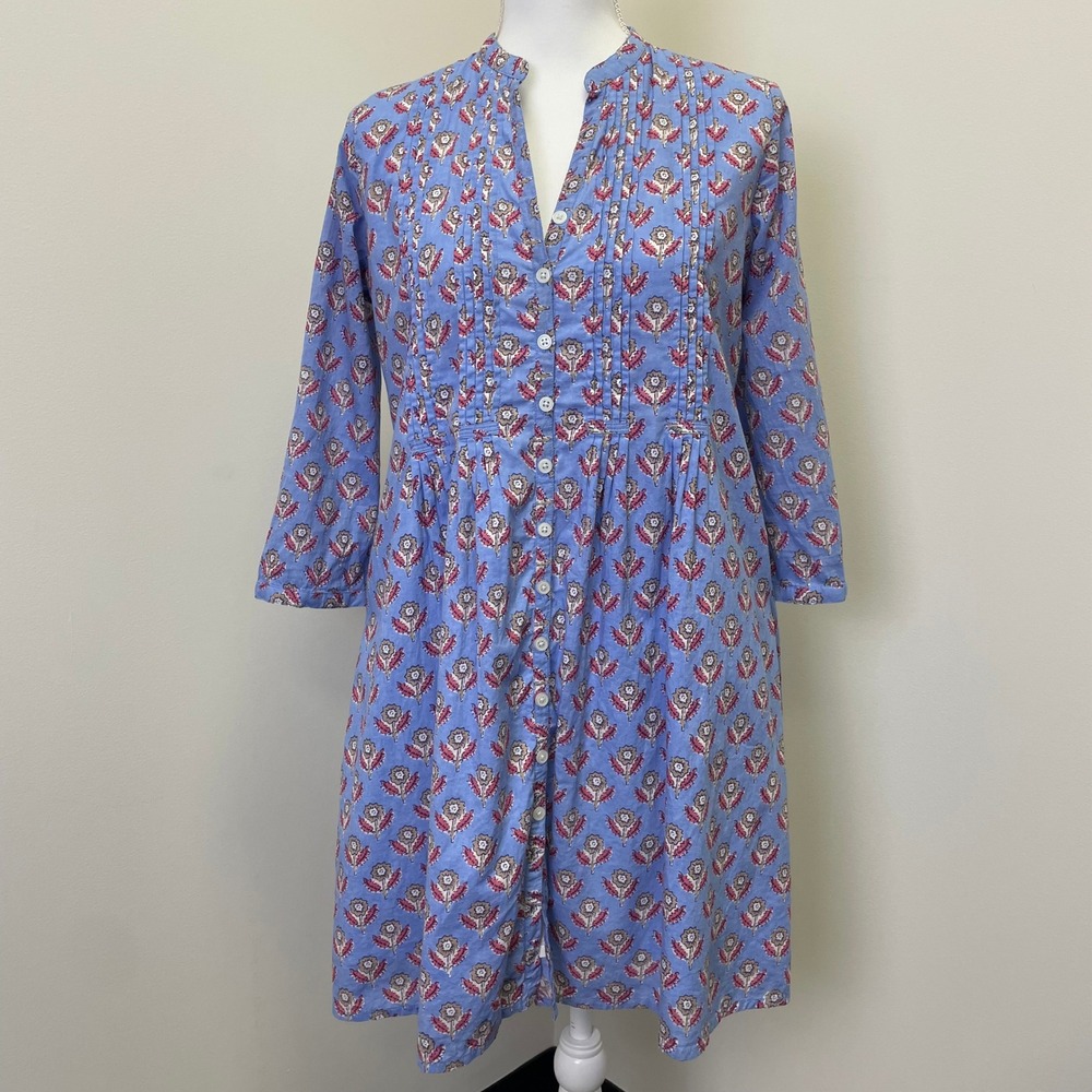 Madison Mathews Blue Floral Block Print Pintuck Button Front Cotton Dress Size M
